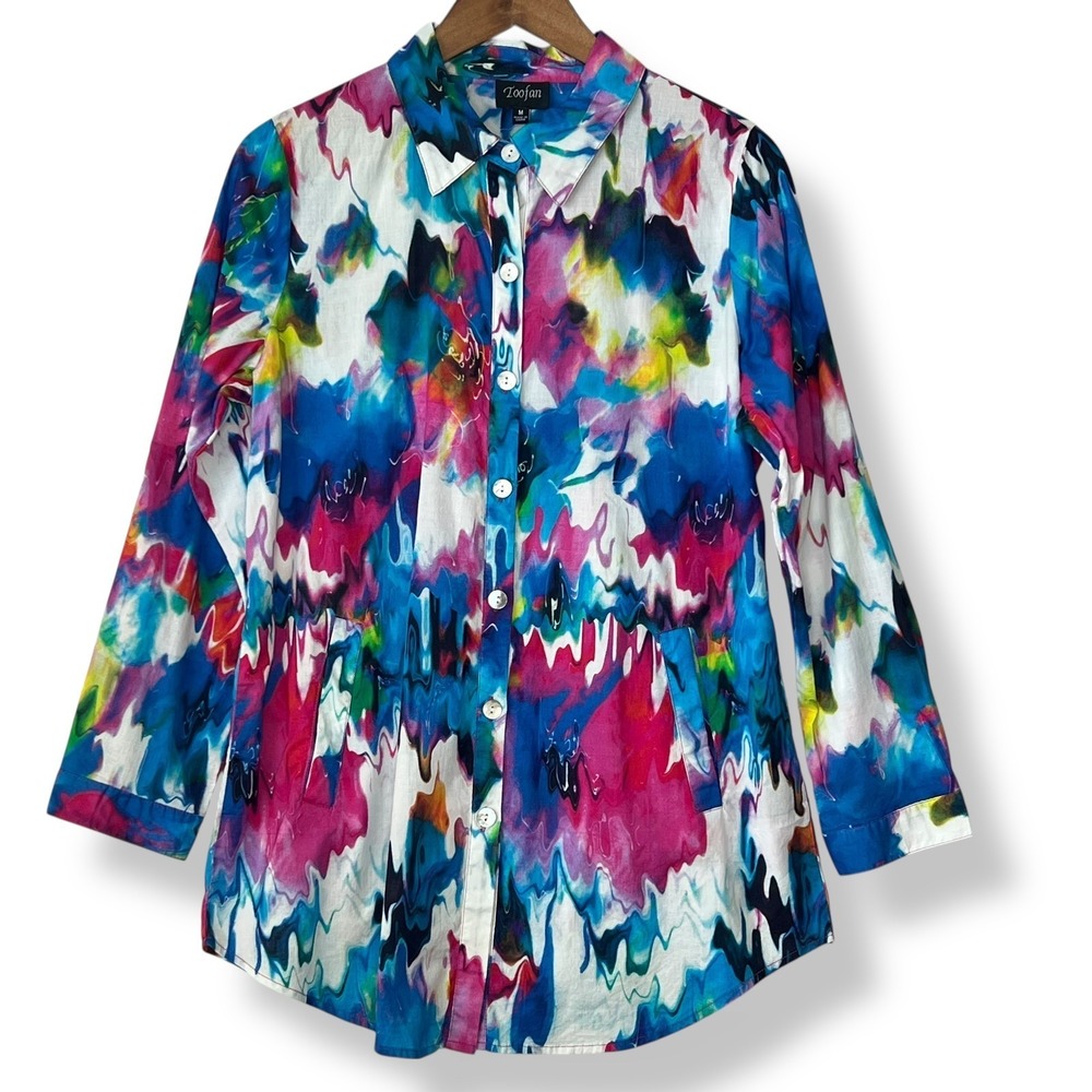 Toofan M Abstract Watercolor 100% Cotton Button Up Blouse Tunic Art To Wear Top